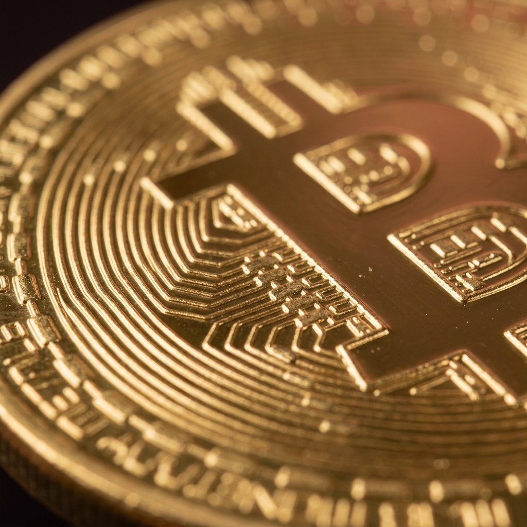 Macro view of a brass Bitcoin coin's engraving